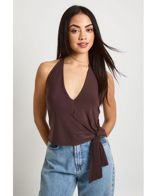 Boohoo Blue Slinky Knot Tie Halterneck Top