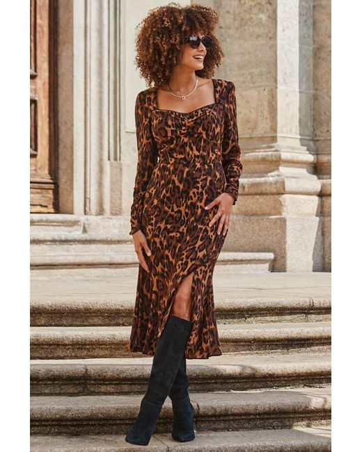 Sosandar Brown Leopard Print Tiered Hem Midi Dress