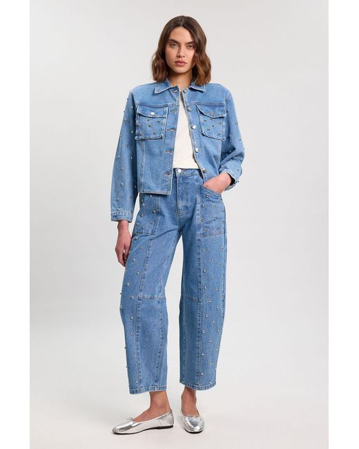 Karen Millen Blue Denim Studded Barrel Leg Jean