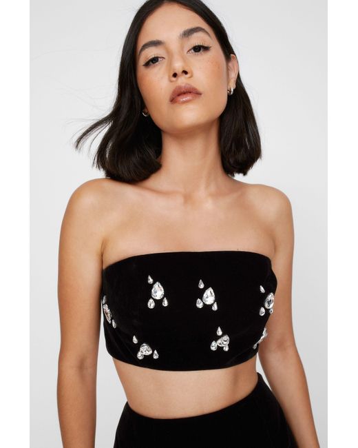Nasty Gal Black Velvet Cluster Embellishment Bandeau Top