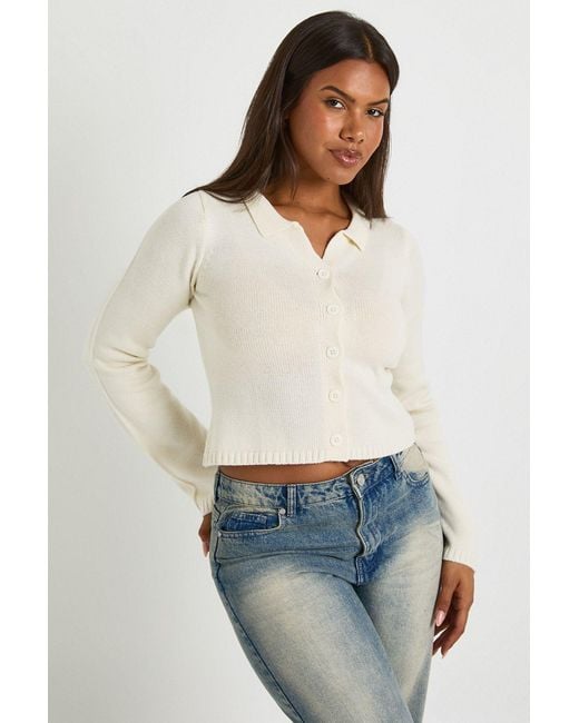 Boohoo White Rib Knit Collared Knitted Cardigan