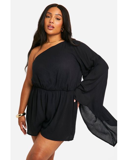 Boohoo Black Plus Cheesecloth Flare Sleeve Playsuit