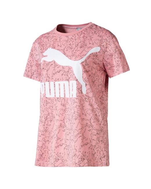 PUMA Pink Graphic Logo Short Sleeve Crew Neck Aop T-Shirt 595519 14 Cotton
