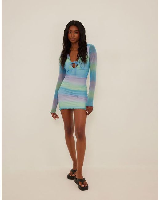 NA-KD Blue Long Sleeve Mesh Mini Dress