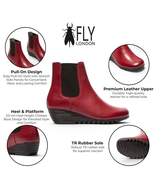 Fly London Red Leather Wedge Heel Chelsea Boots
