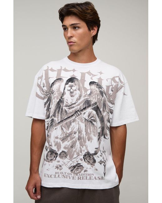 BoohooMAN White Oversized Gothic Over The Seams Print T-Shirt Cotton for men