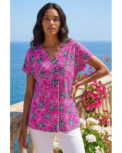 Roman Pink Floral Print Pleat Front Stretch Top