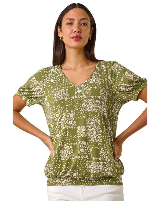Roman Green Floral Print Bubble Hem Top