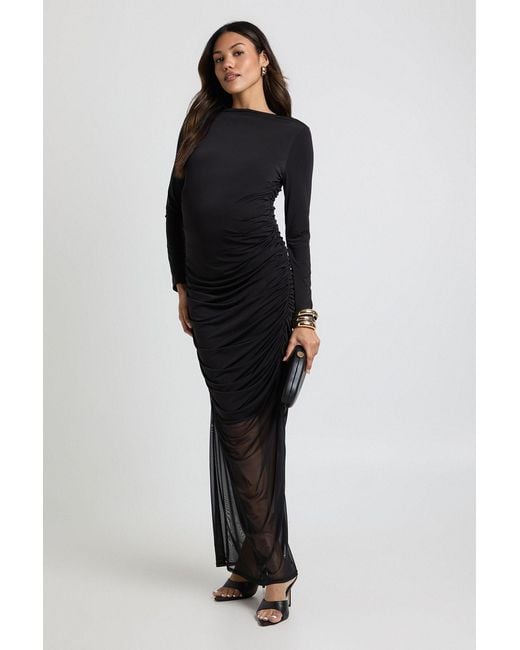 Boohoo Black Maternity Ruched Body And Mesh Skirt Maxi Dress