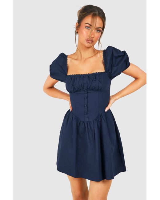 Boohoo Blue Puff Sleeve Cotton Rouched Milkmaid Mini Dress