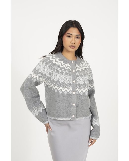Brave Soul Gray Fairisle Cardigan With Faux Pearl Buttons