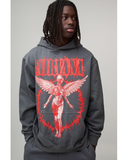 BoohooMAN Red Oversized Nirvana License Printed Hoodie for men