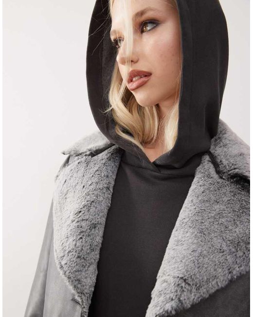 Reclaimed Vintage Natural Faux Suede Coat With Fur Trim
