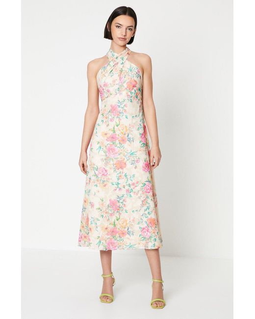 Oasis White Occasion Floral Halterneck Jacquard Midi Dress