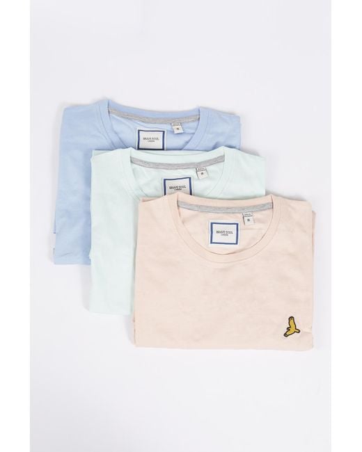 Brave Soul Blue Light 3-Pack Crew Neck T-Shirts With Contrast Piping for men