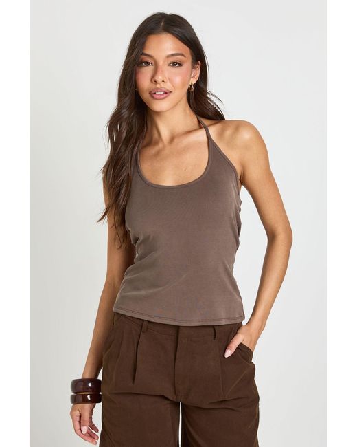 Boohoo Brown Premium Peached Rib Tie Back Halterneck Crop Top