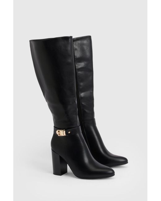Boohoo Black Buckle Detail High Block Knee Boots