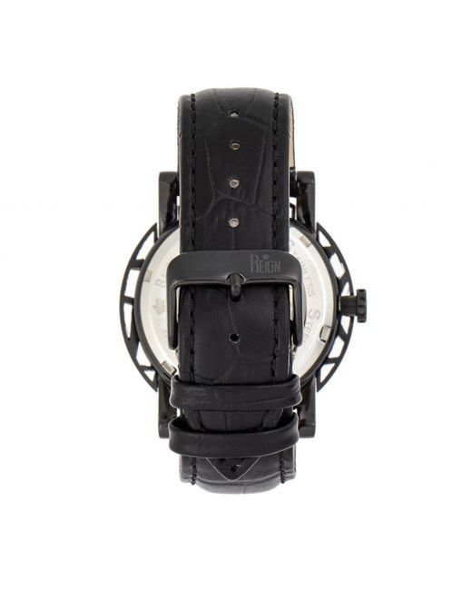 Reign Black Stavros Automatic Skeleton Leather-Band Watch for men