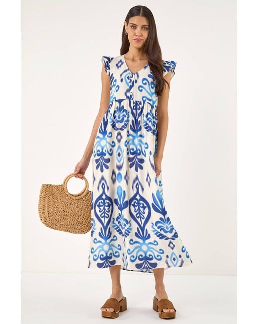 Roman Blue Abstract Print Frill Detail Midi Dress