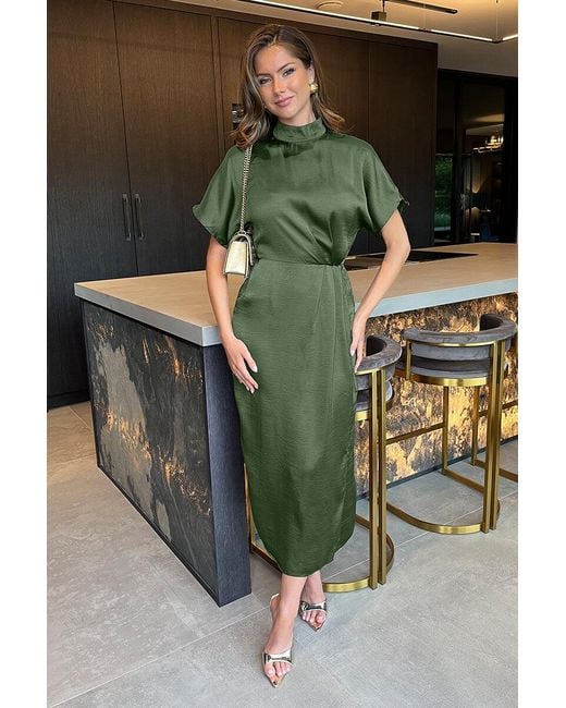 AX Paris Green Satin High Neck Wrap Skirt Midi Dress