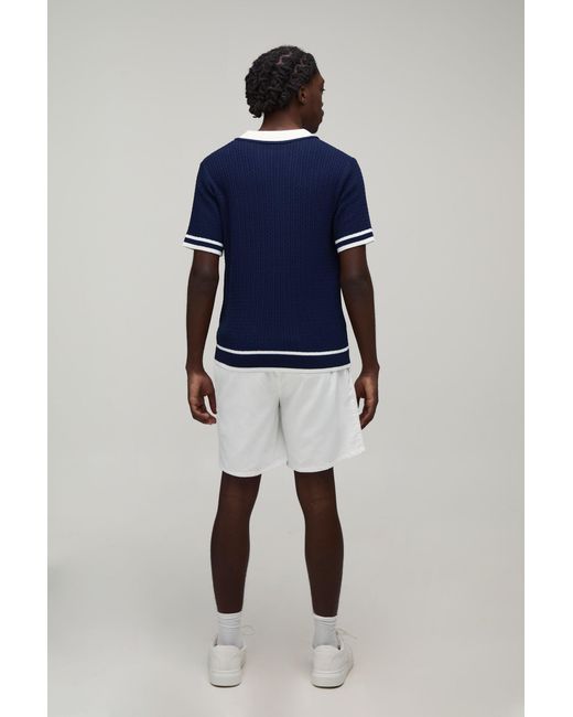 BoohooMAN Blue Boxy Cable Embroidered Knitted Polo for men
