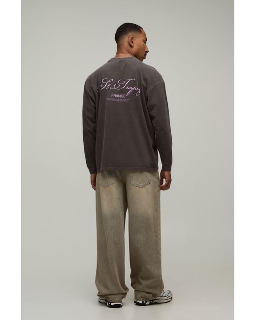 BoohooMAN Gray Oversized Washed St Tropez Print Long Sleeve T-Shirt Cotton for men