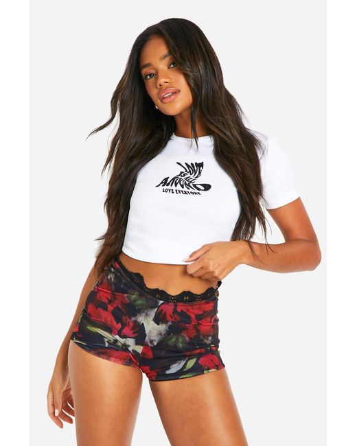 Boohoo White Smudge Print Mesh Ruched Lace Trim Booty Short