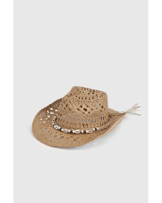 Boohoo Natural Shell Trim Straw Western Cowboy Hat