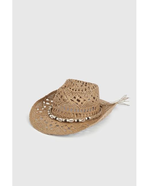 Boohoo Natural Shell Trim Straw Western Cowboy Hat