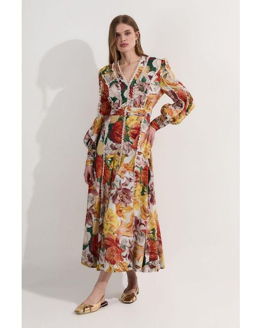Karen Millen Red Petite Trailing Floral Woven Plunge Maxi Dress