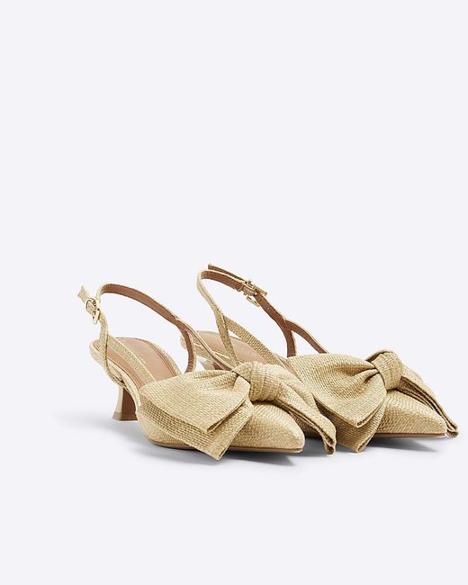 River Island White Court Heels Raffia Sling Back Bow Pu