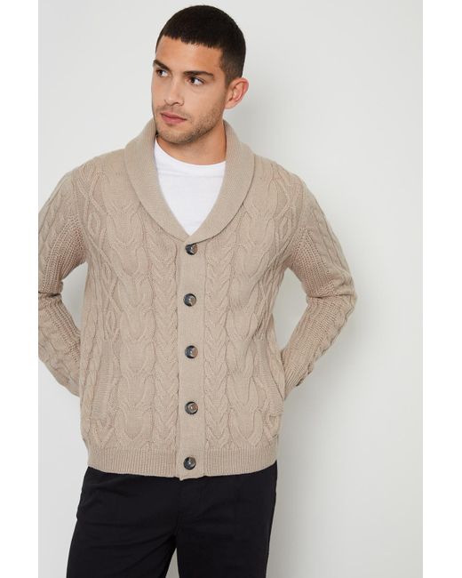 Threadbare Natural Cable Knit Shawl Collar Cardigan With Wool for men