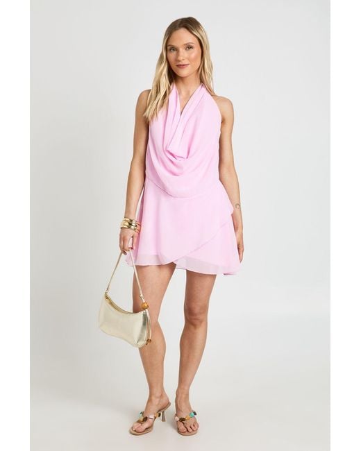 Boohoo Pink Petite Chiffon Halterneck Layered Hem Mini Dress