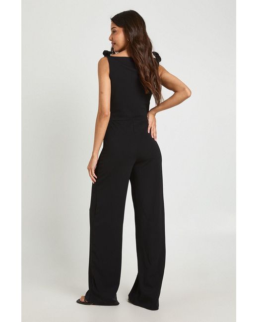 Boohoo Black Jersey Crepe Knot Shoulder Wide Leg Jumpsuit