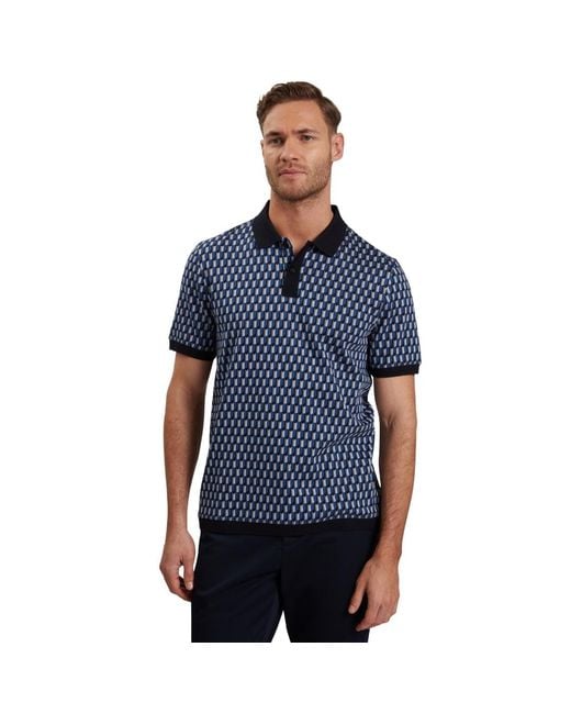 Ted Baker Blue Hamishs Jacquard Stripe Geo Polo Shirt Cotton for men