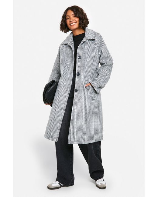 Boohoo Gray Tall Herringbone Flannel Longline Wool Look Coat
