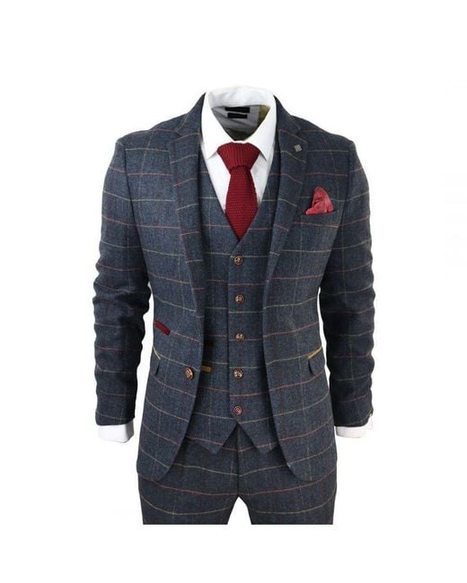 Paul Andrew Blue Tweed Check 3-Piece Suit for men