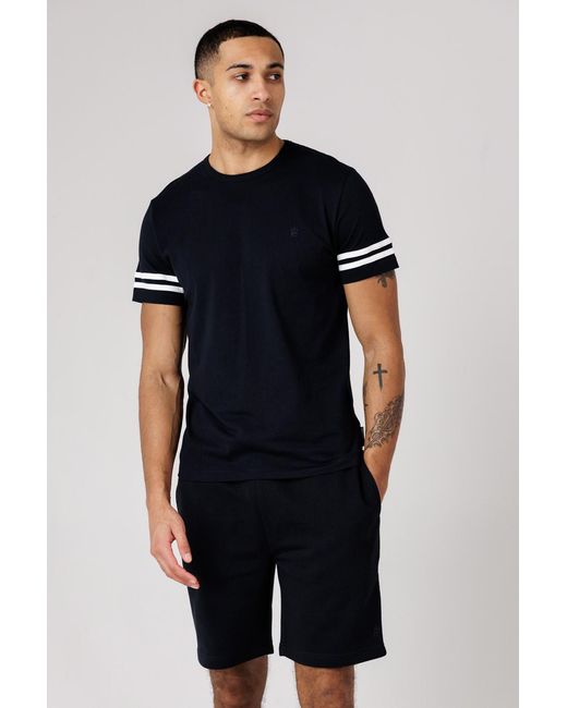 French Connection Black Cotton Stripe T-Shirt And Shorts Co Ord Set for men