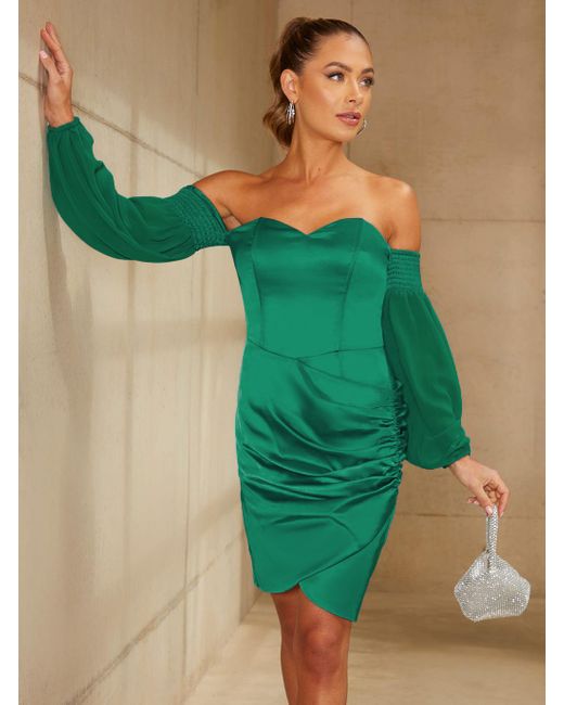 Chi Chi London Green Long Sleeve Corset Style Satin Mini Dress