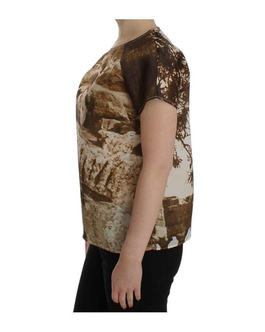 Dolce & Gabbana Bruine Zijden Tshirt Voor Dames Met Vintage Print in het Brown