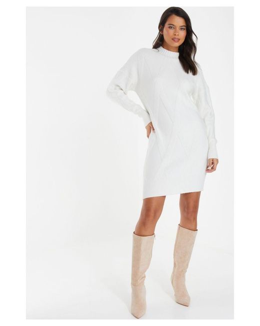 Quiz White Cable Knitted Jumper Mini Dress Viscose