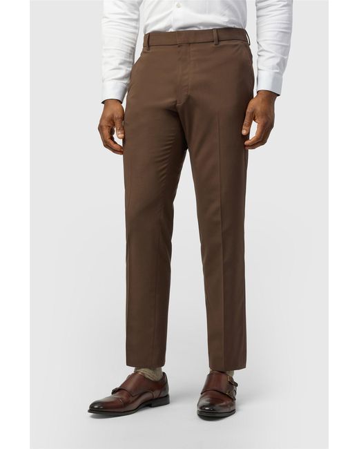 Limehaus Brown Flat Fronted Slim Fit Suit Trousers for men