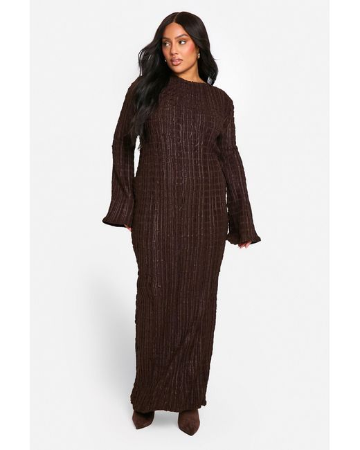 Boohoo Brown Plus Textured Flare Sleeve Maxi Dress