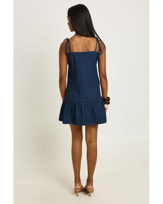 Boohoo Blue Strappy Dropped Hem Denim Mini Dress