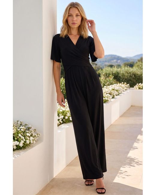 Roman Black Wrap Front Stretch Jumpsuit