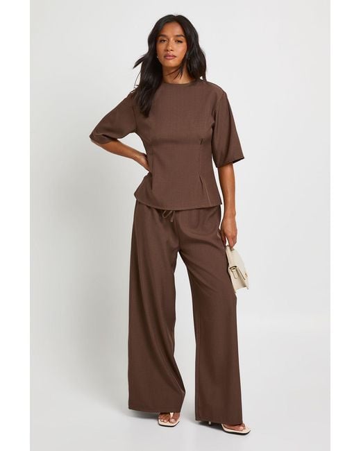 Boohoo Brown Petite Woven Marl Cinch Waist Top Wide Leg Trouser Co-Ord