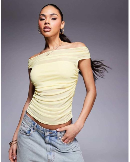 ASOS Gray Gathered Short Sleeve Off Shoulder Mesh Top