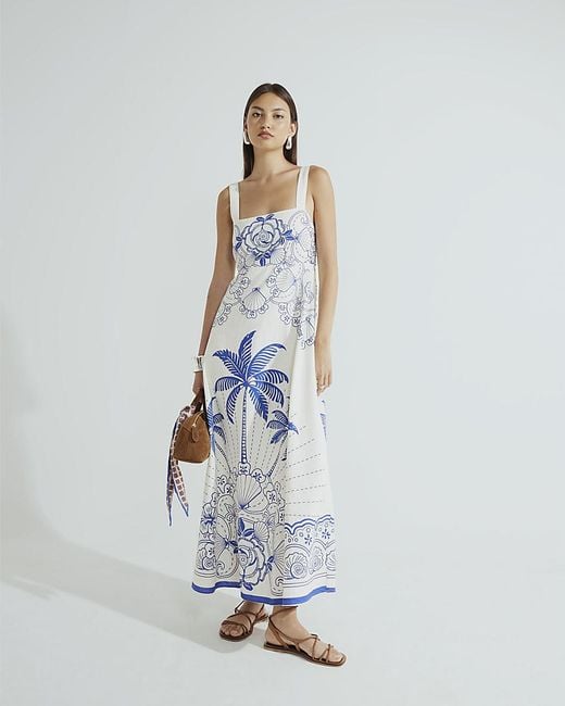 River Island Blue Maxi Dress Palm Print Cotton