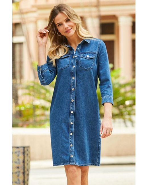 Sosandar Blue Popper Front Denim Shift Dress Cotton