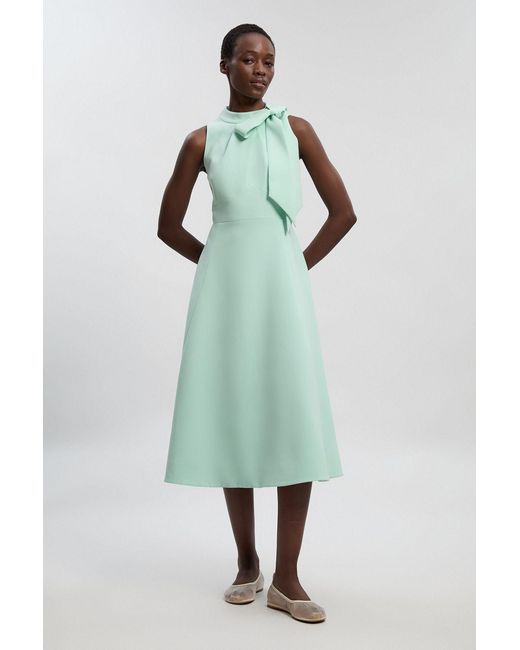 Karen Millen Green Compact Stretch Bow Tie Neck Full Skirted Midi Dress